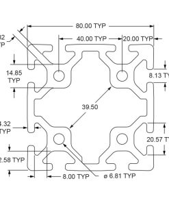 نقشه ابعادی پروفیل آلومینیومی شیاردار 80×80