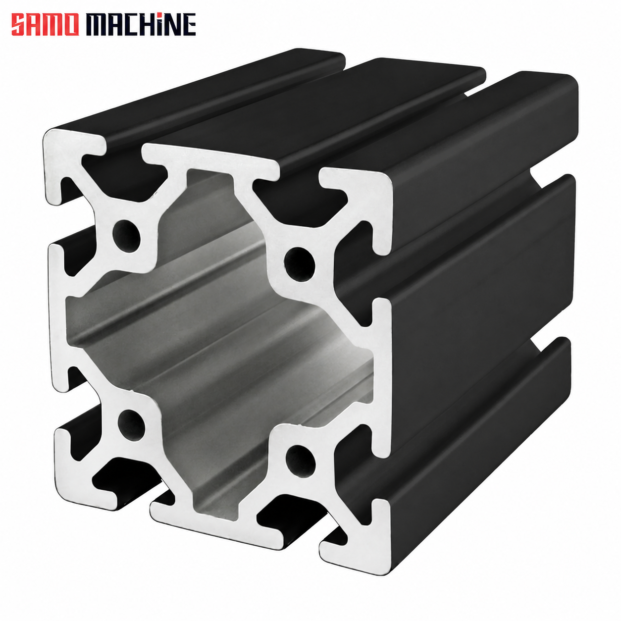 80x80-black-branded تصویر اصلی پروفیل آلومینیومی شیاردار 80×80 مشکی با لوگوی سامو ماشین