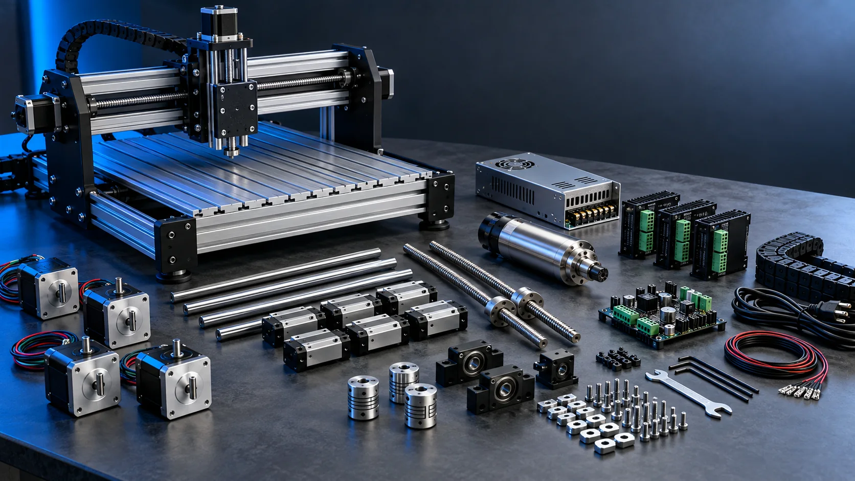اجزای کیت CNC شامل سازه، موتور، اسپیندل و کنترلر