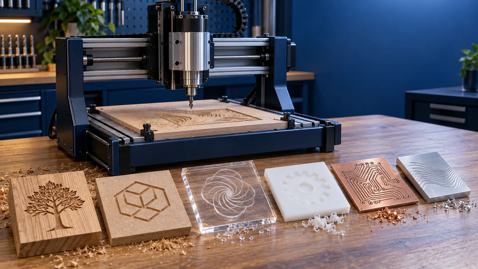 دستگاه CNC رومیزی در حال حکاکی چوب کنار نمونه‌های پلکسی، PCB و آلومینیوم